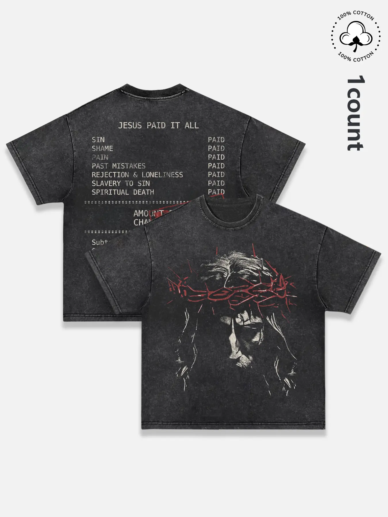 Unisex Vintage Washed Black Streetwear Crewneck T-Shirt, Religious Graphic Tee with Full Back Message About Sin and Redemption, Comfortable Soft Cotton Top for Worship Services and Daily Faith Expression, Clothes