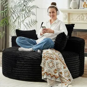 55" L Corduroy Sponge Single Sofa, Oversized Round Chair, Fluffy Modern Sleeper Chairs for Living Room, Lounge and Projection Room, Wide Armrest Lounge Chairs,  Black