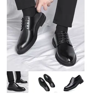Men’s leather dress shoes for autumn, British style, low-cut black design suitable for commuting and business attire, pairs well with suits.