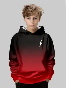 Boys' Gradient Lightning Hoodie, Casual Daily Wear Streetwear, Comfortable Long Sleeve Pullover for Kids, Graphic Casual Hoodie