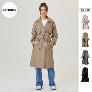 KatchMe Women's Elegant Solid Color Notch Lapel Double Breasted Detachable Belt Trench Coat, Fall & Winter Wrap Tie Waist Outerwear Jacket, Mid-Length Trench Coat