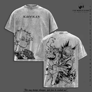 Bakugo Vintage Oversize Washed T-Shirt – My Hero Academia Heavy Cotton Graphic Tee – Retro Anime Streetwear Unisex