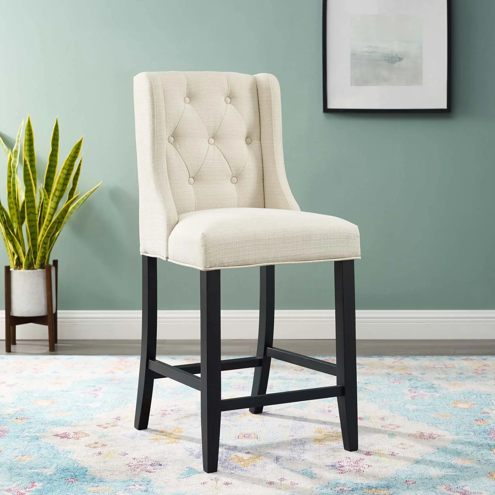 Modway Baronet Tufted Button Upholstered Fabric Counter Stool in Beige