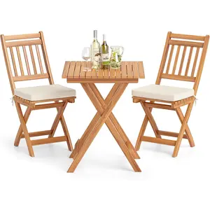【Limited time deal】BM-CYW  Acacia Wood Patio Bistro Set of 3, Outdoor Folding Chair Table Set with Soft Seat Cushions, High Back Armless Chairs with Table, Patio Cushioned Dining Set for Backyard, Poolside (Off White)