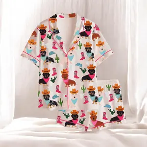 Cowboy Dachshund Pajama Set, Western Dog Print Silk Sleepwear