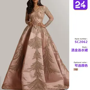 2025 new European and American foreign trade women's clothing gold-stamped long sleeves banquet sexy evening dress pink