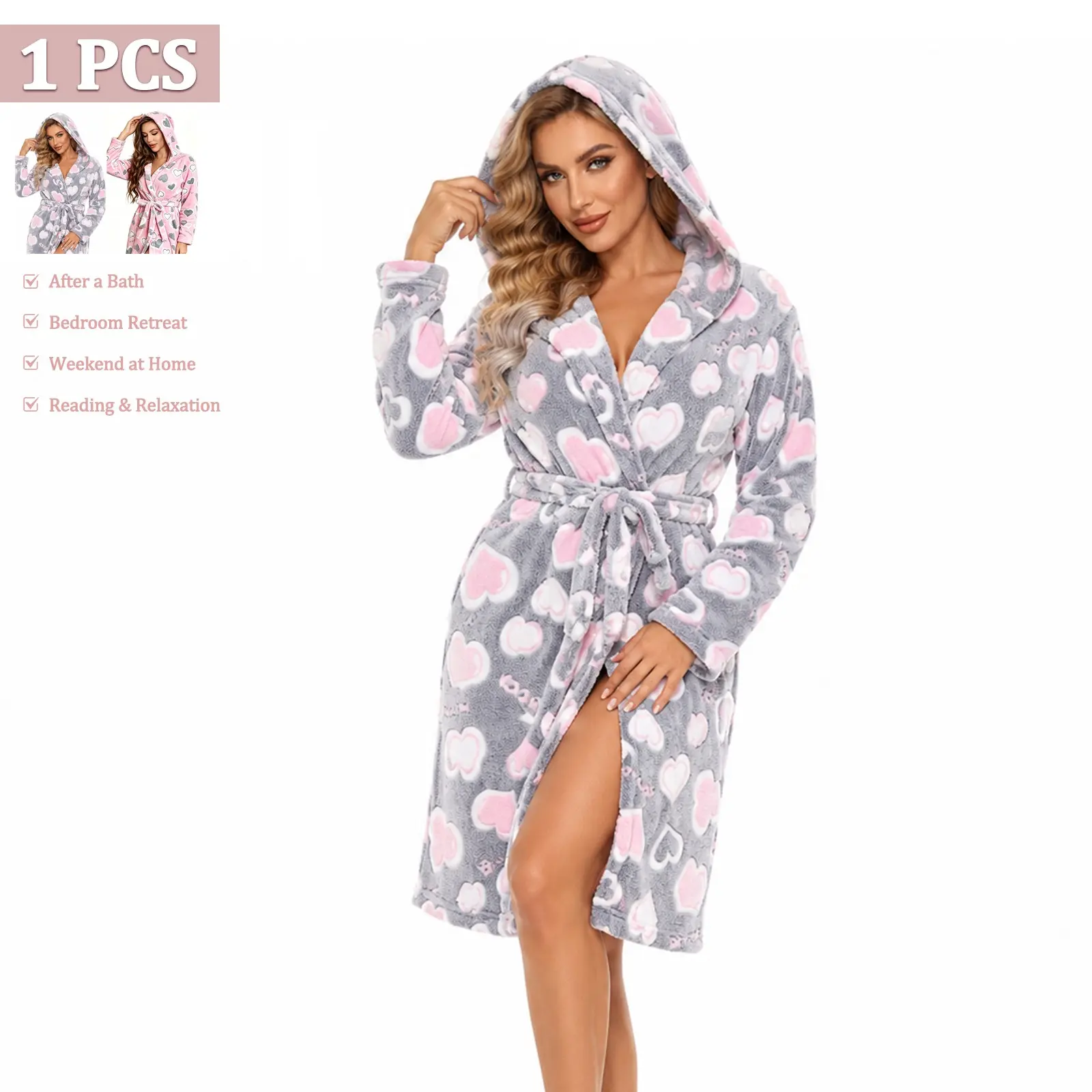 Women's Heart Print Hooded Wearable Blanket Robe, Ultra-Soft Fleece Long Sleeve Bathrobe with Belt, Belted Lounge Robe, Cozy Plush Casual Aesthetic Loungewear for Relaxation