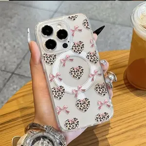 Leopard Print Heart Bow Smartphone Cellphone Case, Wireless Charging-Supporting Shockproof Skin-Friendly Magnetic Cover, Phone Accessories Shell for iPhone 11 12 13 14 15 16 17 Pro Max Air Plus