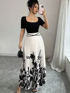 Rafferiza Women's Elegant Bodycon Square Neck Patchwork Waist Tie Chinese Style Print Midi Dress