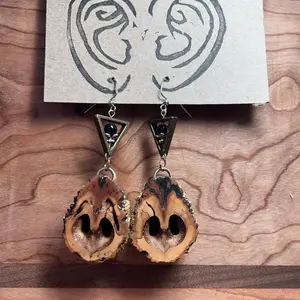 Natural Earrings Black Walnut Shells Gold Leaf