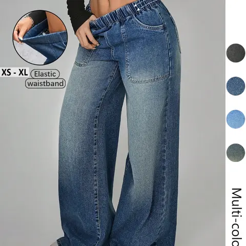 Women's High Waist Oversized Loose-Fit Jeans, Elastic Waist, Button Front, Floor Length, Casual All-Season Pants with Pockets