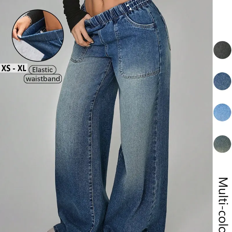 Women's High Waist Oversized Loose-Fit Jeans, Elastic Waist, Button Front, Floor Length, Casual All-Season Pants with Pockets