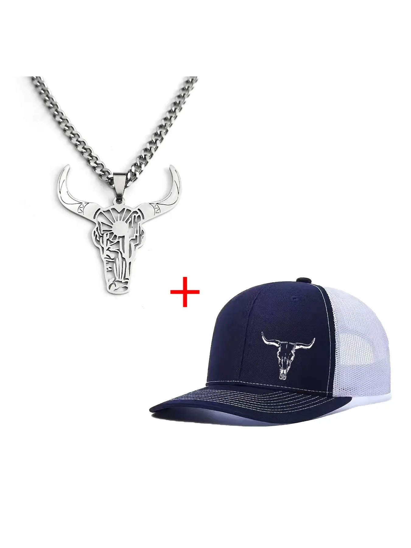 Unisex Bull Head Necklace & Baseball Cap Set, Trucker Style Hat, Casual Fitted Design, All-Season Wear, Ideal for Men & Women, Perfect for Daily