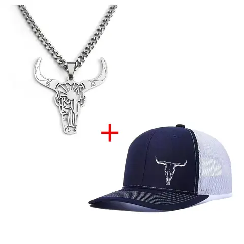Unisex Bull Head Necklace & Baseball Cap Set, Trucker Style Hat, Casual Fitted Design, All-Season Wear, Ideal for Men & Women, Perfect for Daily