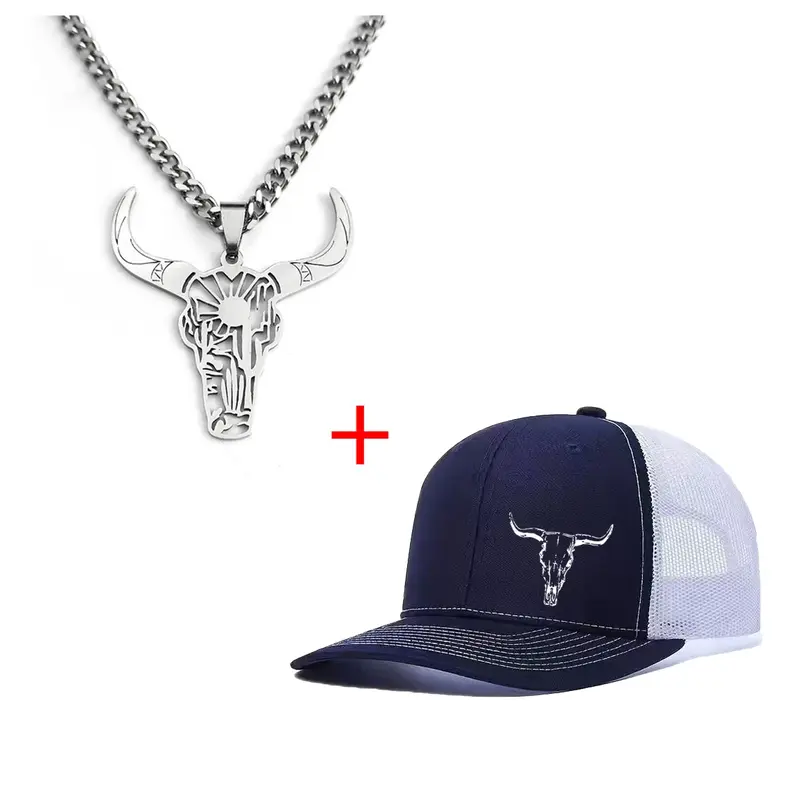 Unisex Bull Head Necklace & Baseball Cap Set, Trucker Style Hat, Casual Fitted Design, All-Season Wear, Ideal for Men & Women, Perfect for Daily
