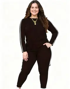 Women's Plus Size Two-Piece Casual Sports Set - Solid Black with White Side Stripes - Stylish & Comfortable Outfits for Everyday Homewear & Athletic Style Sweatsuit Loose Sporty Round Neck