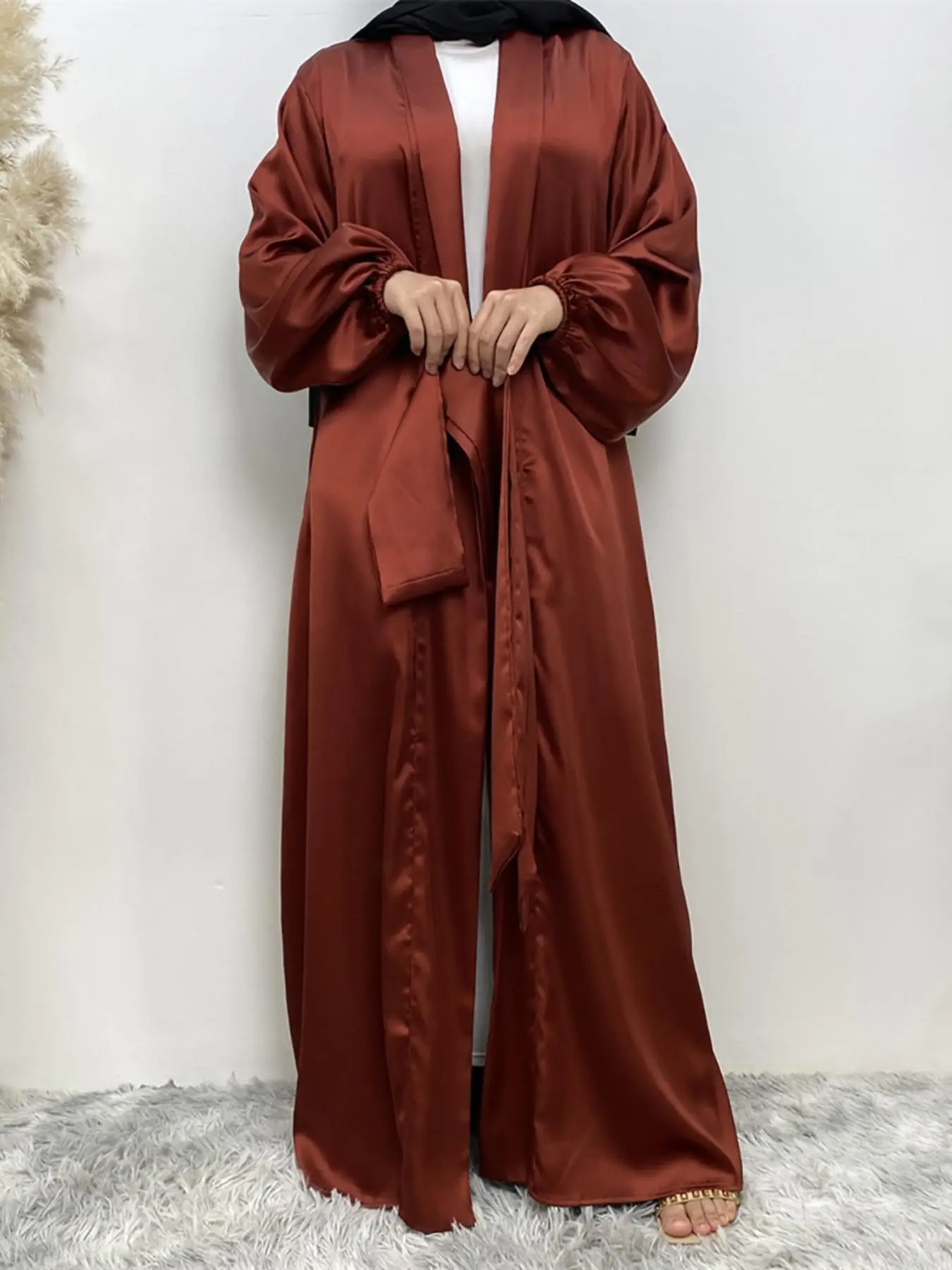 Women's Solid Bishop Sleeve Pocket Belted Abaya, Casual Long Sleeve Outerwear for Spring & Fall, Ladies Islamic Clothes for Daily Wear