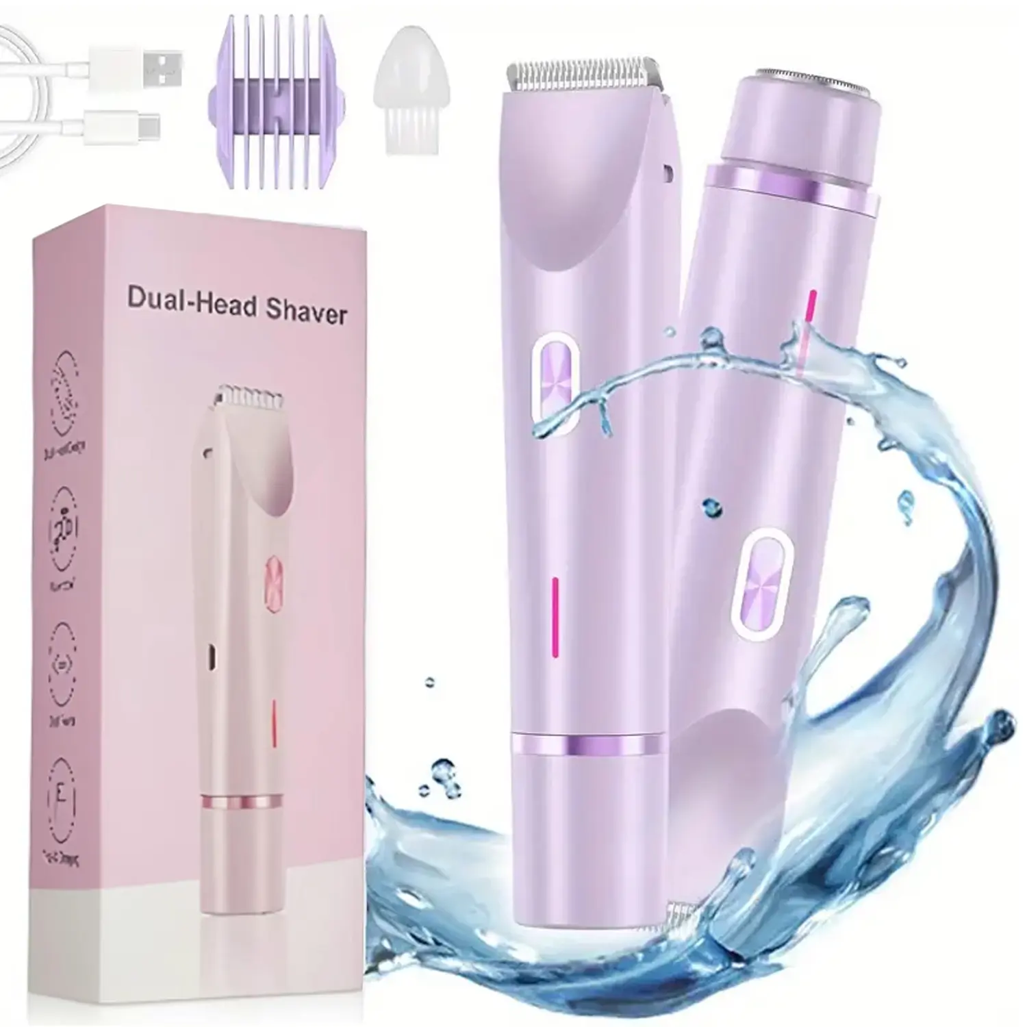 Bikini Trimmer for Women, Electric Shaver, Razor, Cordless Rechargeable Trimmer, 2-in-1 Intimate Pubic Trimmer Body and Facial Hair Removal for Painless Trimming of Face, Underarm, Legs, IPX7 Waterproof, pink, Brazilian Wax Alternatives