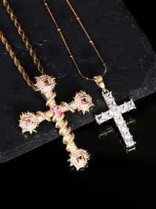 Sweet and edgy punk-style dual cross clavicle pendants! One is a twisted heart-shaped pink diamond thorn cross, the other is a minimalist fully encrusted crystal cross. These two necklaces can be freely styled—fashionable and versatile.