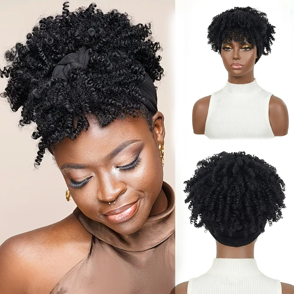 Afro Kinky Curly Wigs for Women Headband Wigs with Bangs Synthetic Short Curly Wigs Black Wrap Wigs Headwrap Turban Wigs Afro Black Wigs with Bangs