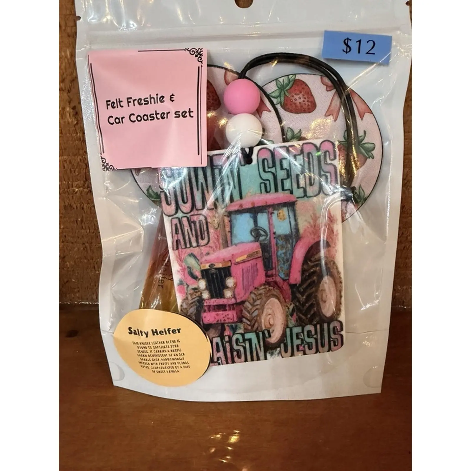 Salty Heifer Felt Freshie & Car Coaster Set - Salty Heifer Scented - Perfect for Freshening Up Your Car Interior