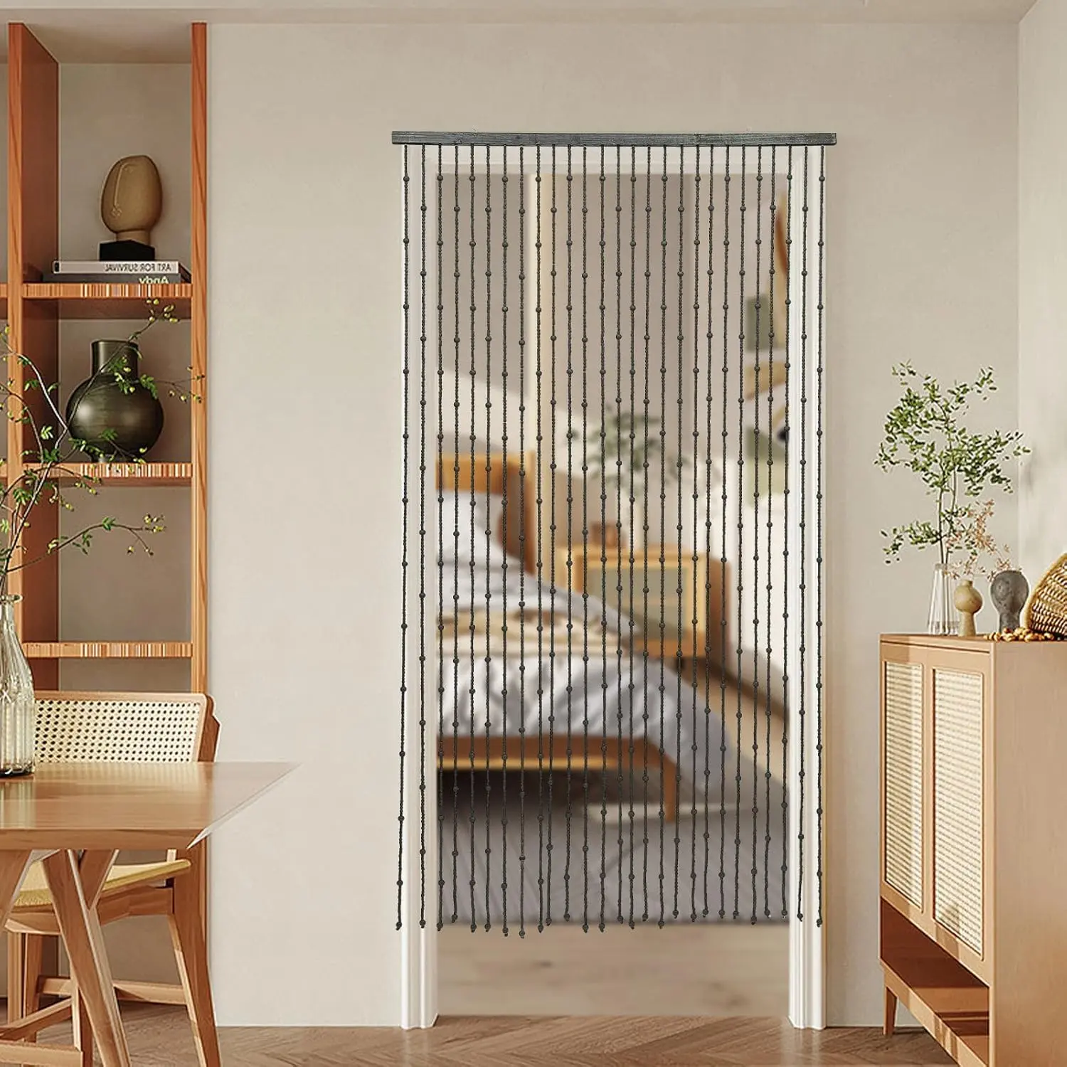 Wooden Bead Curtain, Bamboo and Wooden Doorway Beads, 27 Lines Room Blind Screen, 35" W X71 H Natural Wood and Bamboo Beaded Curtain for Doorway Room Divider, Black