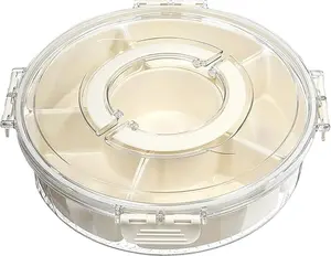 Rotating Multi-Compartment Snack Tray with Lid and Handle, 6-Section Divided Serving Container for Crackers, Candy and Spices