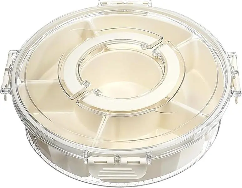 Rotating Multi-Compartment Snack Tray with Lid and Handle, 6-Section Divided Serving Container for Crackers, Candy and Spices