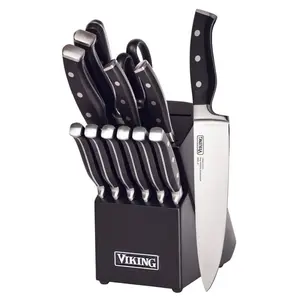 Viking Knives Set Black Rubberwood Knive Block Cutlery 14 Piece Set Brand New