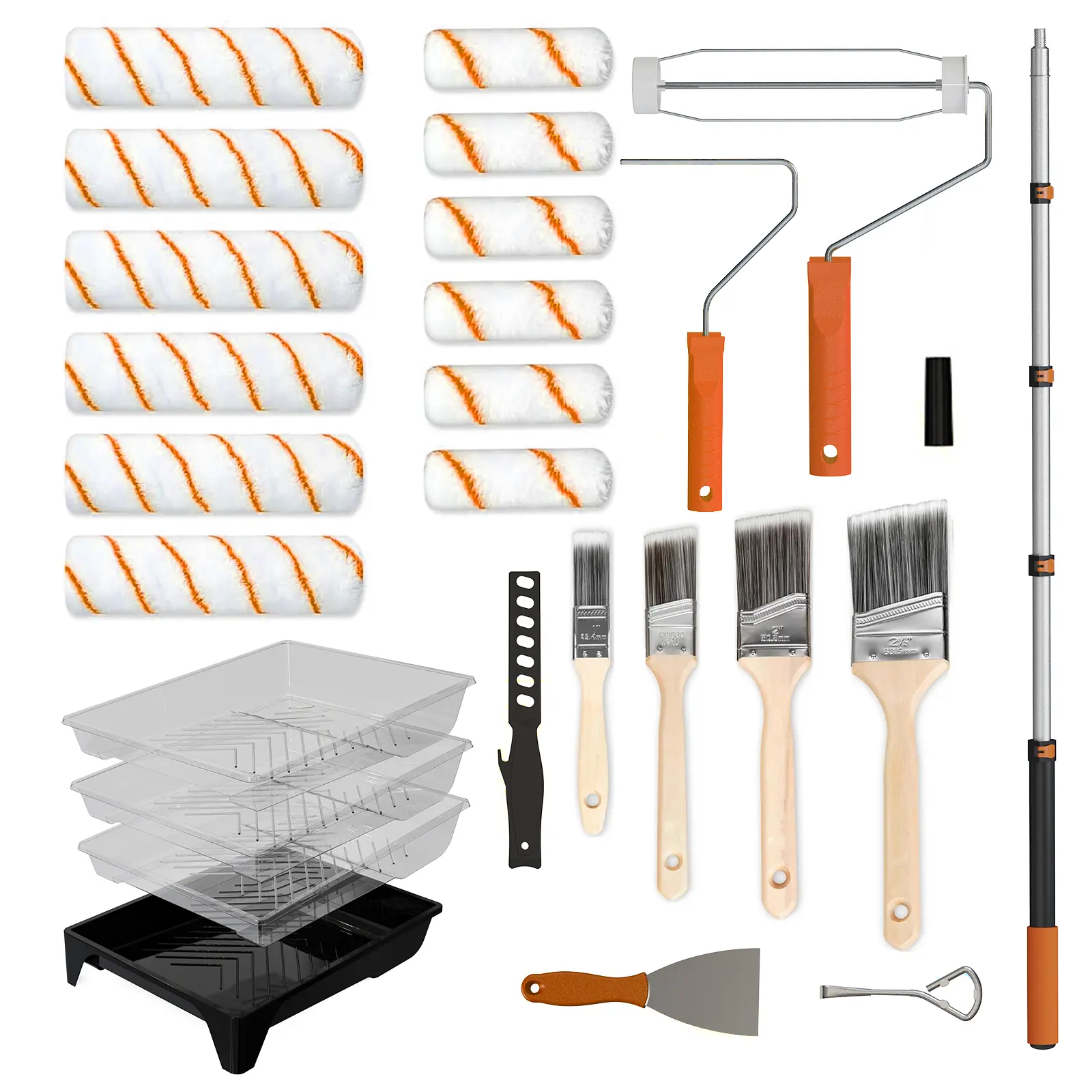 LAANPOLE Paint Roller Kit, 27 Piece Paint Supplies, 9"4" Paint Rollers, 1-4FT Extension Pole, Paint Brushes for Walls, Microfiber Roller Covers for Professional Painting, Orange