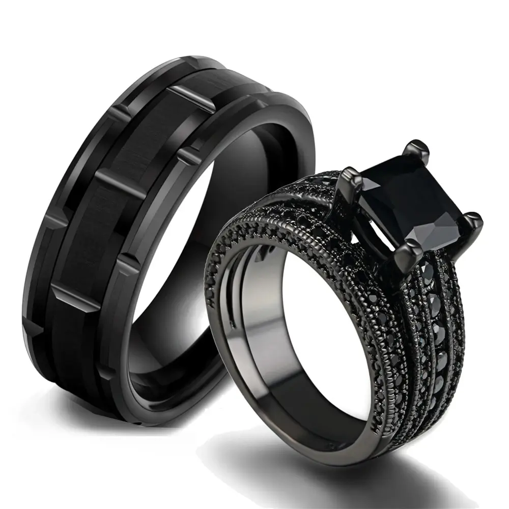 Fashion Couple Rings Romantic Women Black Rhinestones Zirconia Rings Set Simple Men Stainless Steel Ring Wedding Party Jewelry
