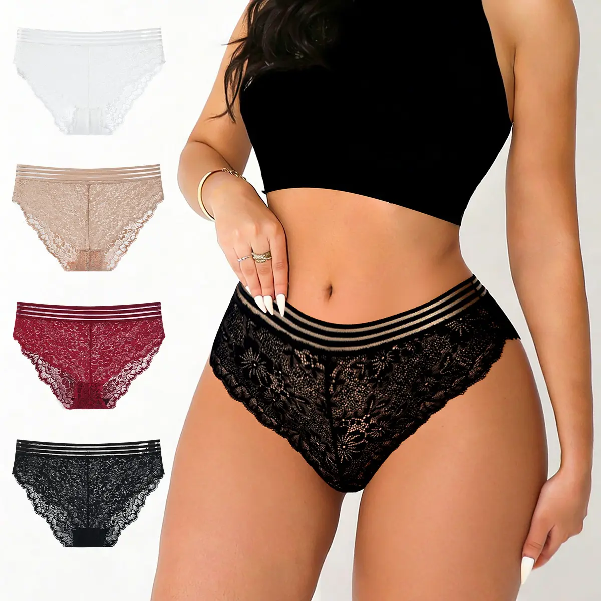 Hotcom Women's Elegant Sexy Silk Lace Briefs - 4PCS Ladies' Mixed Color Underwear, Individual Package, Basic & Plus Sizes, Black, Red, Beige, White, Black Striped, Everyday Wear,summerwins