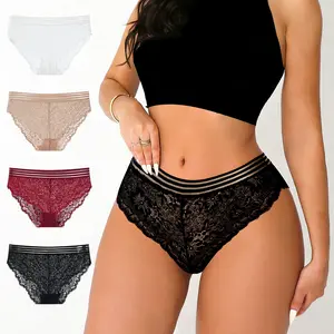 HOTCOM 4PCS Ladies Silk Lace Briefs Panties - Individual Package - Black Red Beige White & Black Striped Options - Elegant Everyday Wear Style Womenswear