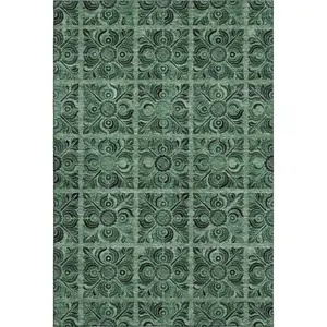 HomeRoots 667740 9 x 12 ft. Green & Charcoal Medallion Transitional Washable Machine Made Rectangle Area Rug with UV Protection