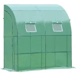 Aoodor 6.7' x 3.3' x 7.2' Lean-to Walk-in Greenhouse with Shelf and Durable PE Cover, Outdoor Garden House, Built-in 2 Vents and Two Roll-Up Zippered Door