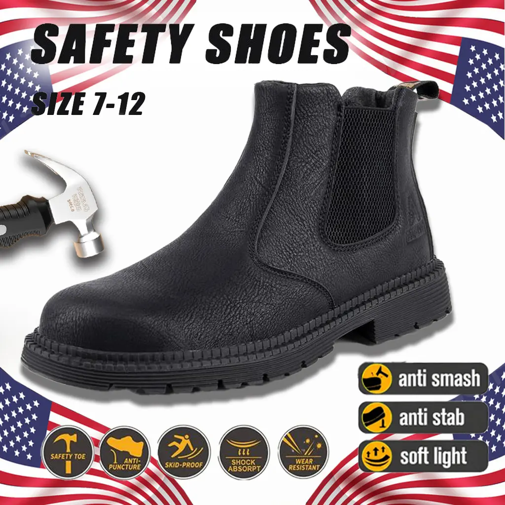 Chic Slip On Safety Shoes, Men's Gore-Tex Work Boots for Construction, Waterproof, Anti-Smash & Puncture-Proof, Soft Light, Striped, Synthetic, All Season, Industrial Work, Footwear, Leather Mix, Metatarsal Guard
