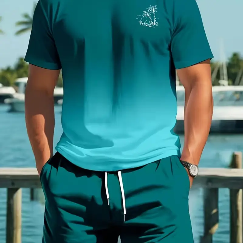 Men's 2-Piece Casual Set, Menswear Round Neck Short Sleeve T-Shirt and Shorts, Ombre Print, Fitted Above-the-Knee, Tropical Beach Wear, Crewneck Shorts Set