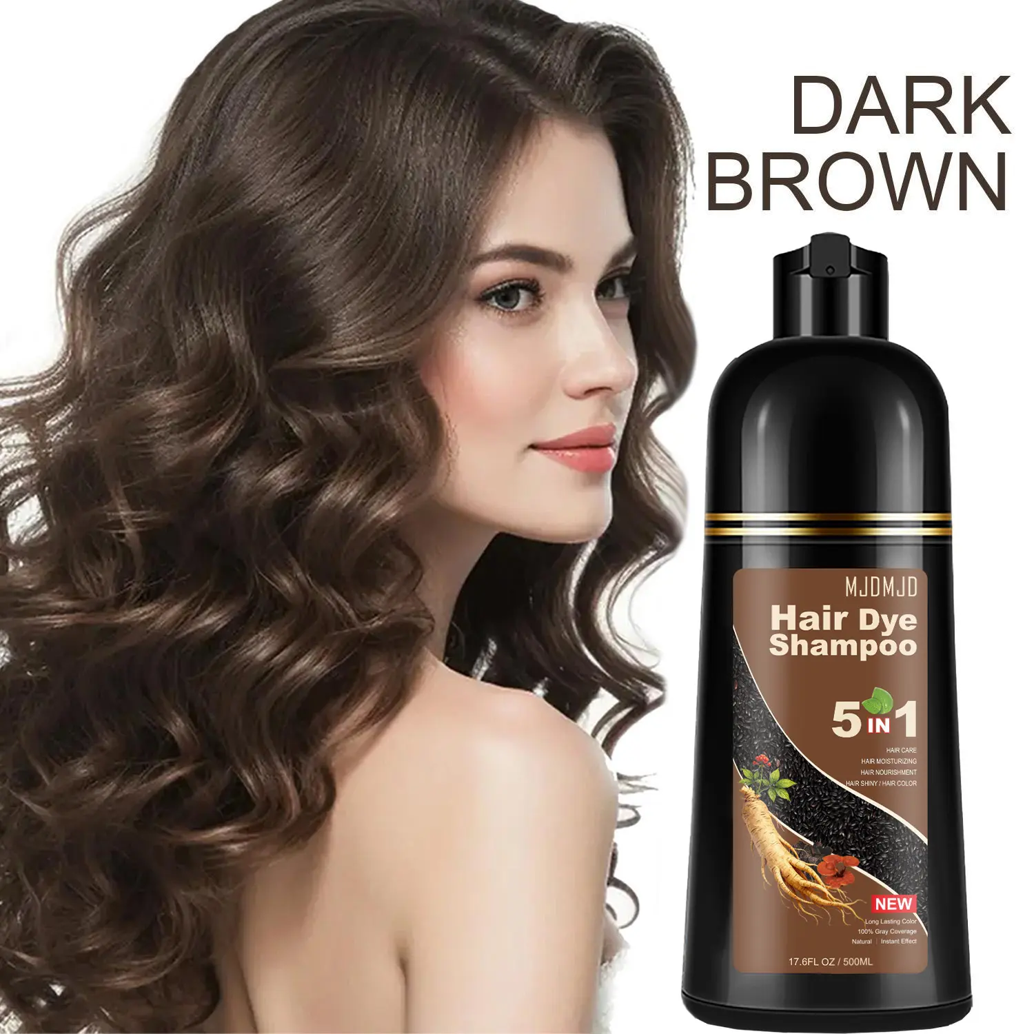 Dark Brown Hair Color Dye Shampoo 5-in-1, 500ml - 100% Grey Coverage in Minutes, Ammonia Free - Gray Silver Hair Dye Shampoo-Easy To Use, Semi-Permanent Hair Color Shampoo