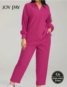 Women's Plus Size 2-Piece Polyester Pajama Set - Chic, Comfy Long Sleeve Top & Pants, Breathable Lady's Essential Casual Loungewear for Everyday Style & Relaxed Looks