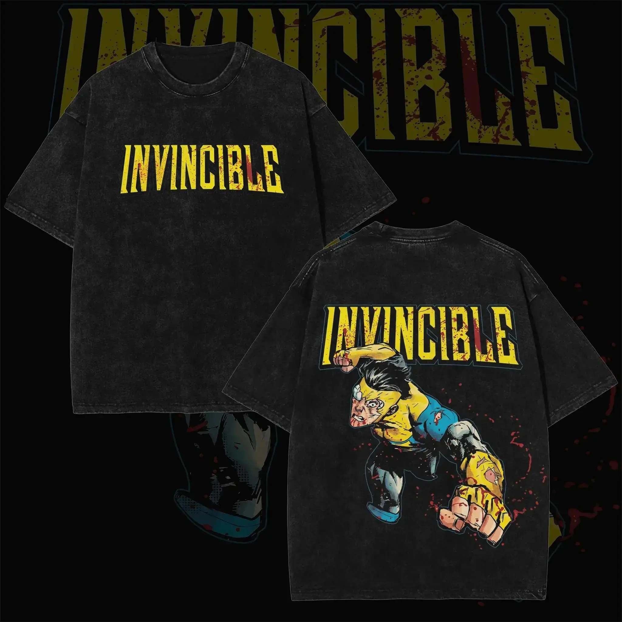 Retro Washed Invincible T-Shirt | Mark Grayson Superhero Graphic Tee, Vintage Washed Black Cotton Crewneck, Casual Outdoor Streetwear, Unisex Short Sleeve Shirt for Men Women,funny graphic tee, men’s trendy t-shirts, deals, humorous, 90s, streetwear Mensw
