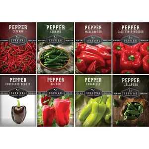 Survival Garden Seeds 8 Peppers Collection - Big Red, Cayenne, Jalapeño, Serrano, California Wonder, Marconi Red, Chocolate Beauty & Cubanelle - Non-GMO Heirloom Seeds for Home Planting