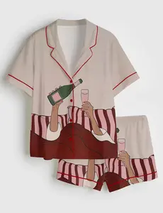 Pajama Set for Women, Artistic Woman Drinking Wine Print Sleepwear, Aesthetic Short Sleeve PJs, Luxury Bridal Party Gift