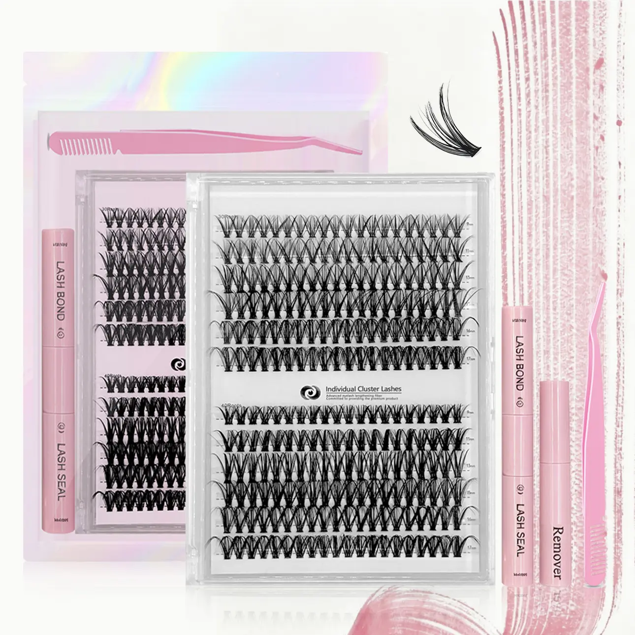 Women's 30D-40D 2-Style Cluster Lashes Kit, 1 Set Mixed-Length Individual Lashes, Self-Grafting Kit with Tweezers, Glue & Remover, Professional Lightweight Gentle Eye Makeup Accessory for Salons