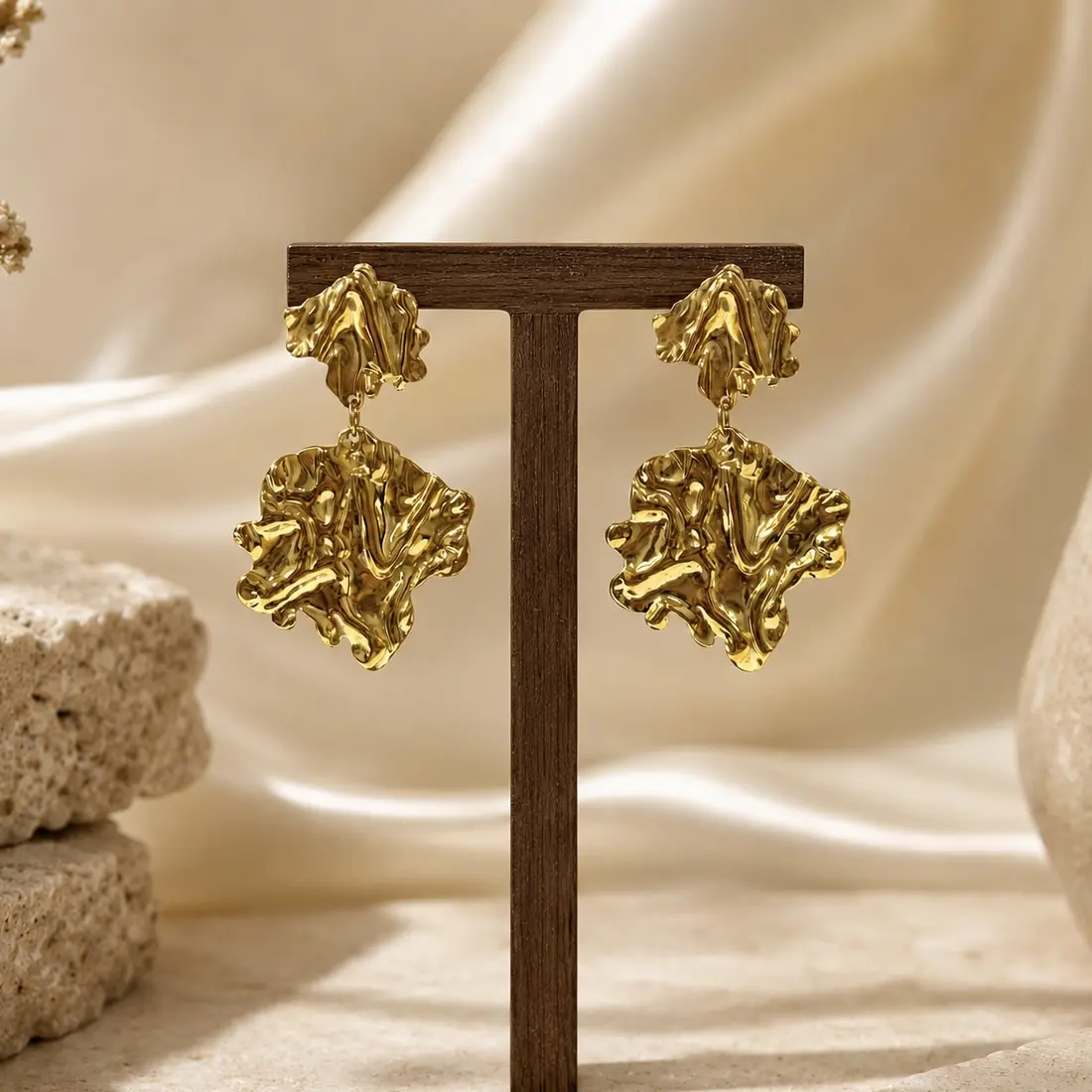 Metora Flora Gold Hammered Leaf Drop Earrings for Women, Stainless Steel Statement Jewelry