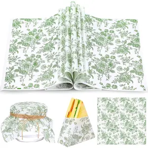 100 Sheets Floral Wax Paper for  Wrapping 11.4 x 11 Inches Spring Floral  Basket  Paper for Picnic Wedding Candy Cookies Baking Sandwich Burgers Greaseproof Wrapping (Green)