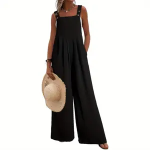 Women's Jumpsuits Overalls Wide Leg Casual 2026 Rompers Sleeveless Smocked One Piece High Waist Loose Fit with Pockets Adjustable Breathable Womenswear Beach Adjustable Breathable cami