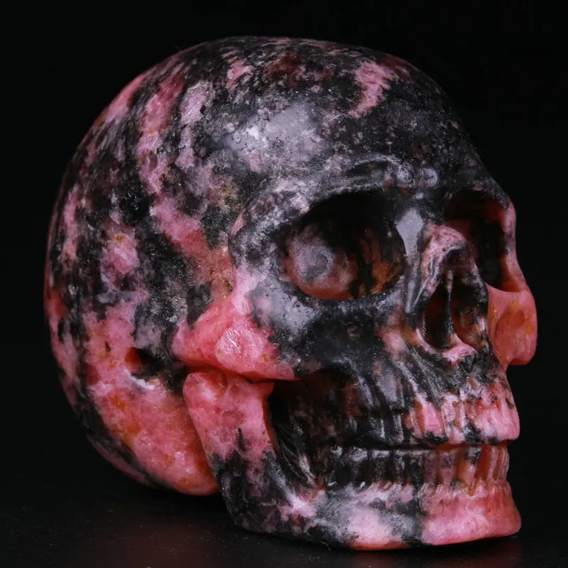2.0 " Canada Pink & Black Rhodonite Carved Crystal Skull, Super Realistic, Crystal Healing