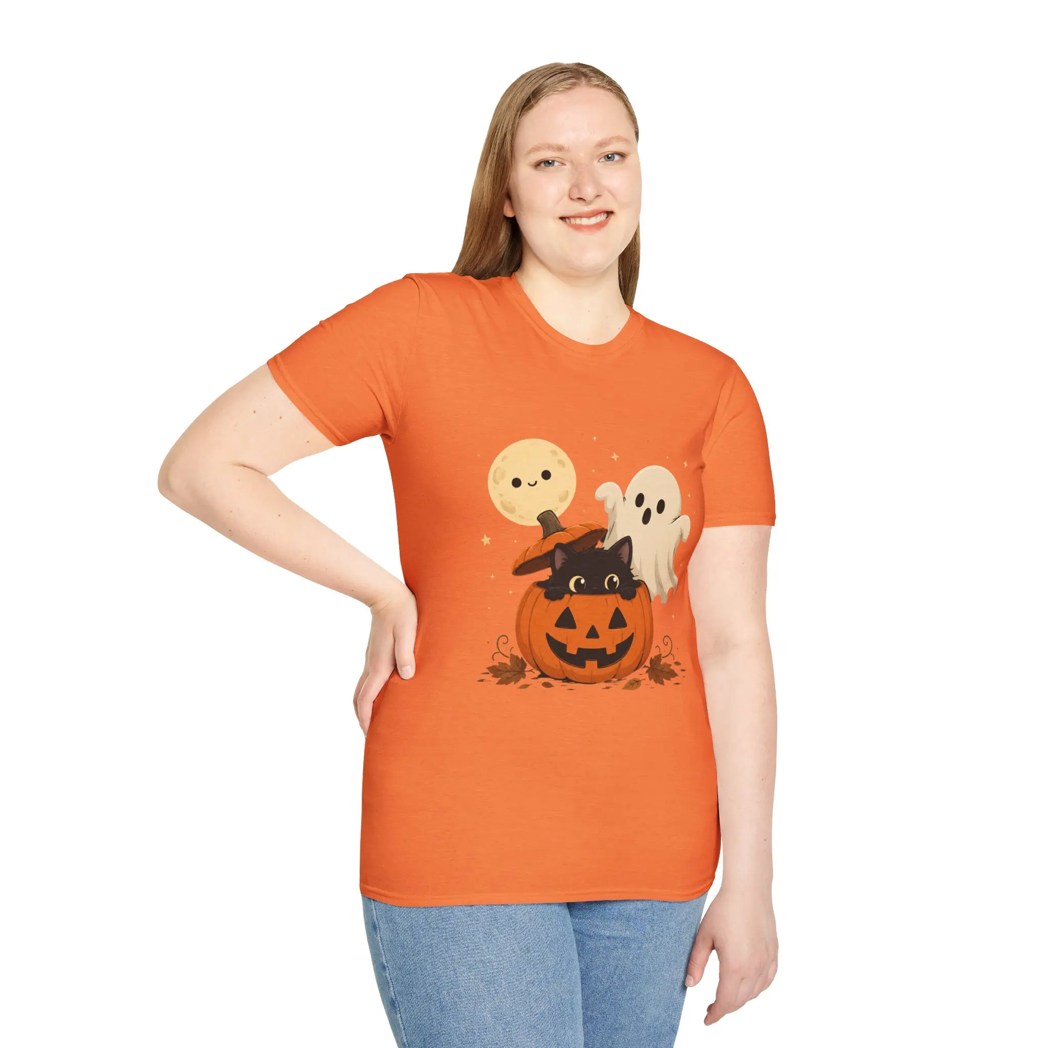 Women's Cotton Halloween Graphic Tee - Ribbed Breathable Casual Fabric, Cute Pumpkin, Ghost, Moon & Black Cat Prints, Lightweight Short-Sleeve Round Neck T-Shirt