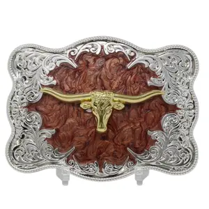 Western Belt Buckle Gold Longhorn Engraved Silver with Rich Western Finish
