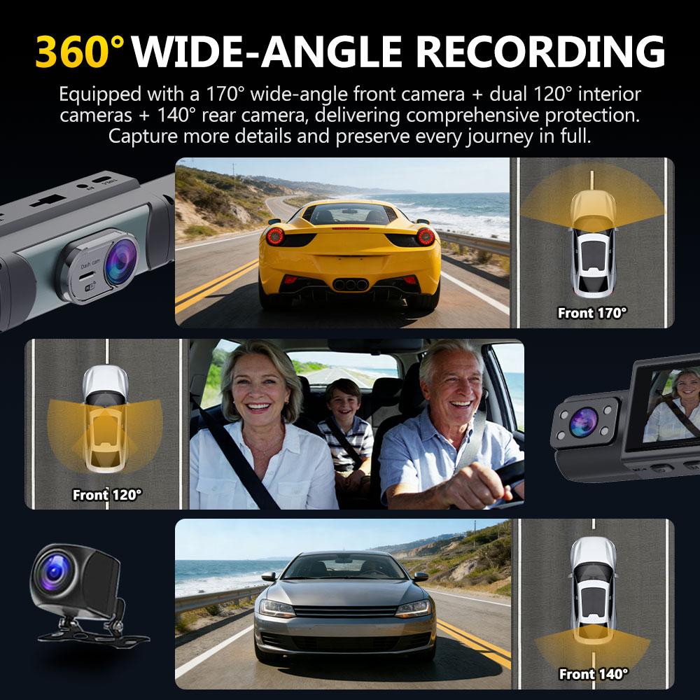 4 Channel Dash Cam 1080P FHD 360° Surround View, 3.18" IPS Display, Built-in 2.4GHz WiFi App Control, WDR, Loop Recording, Reverse Assist, 4 Lens Front Rear Inside Left Right Car Driving Recorder-YY